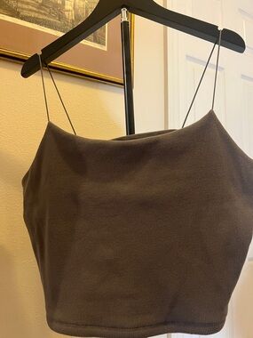 Simple Ribbed Spaghetti Strap Crop Top - Brown